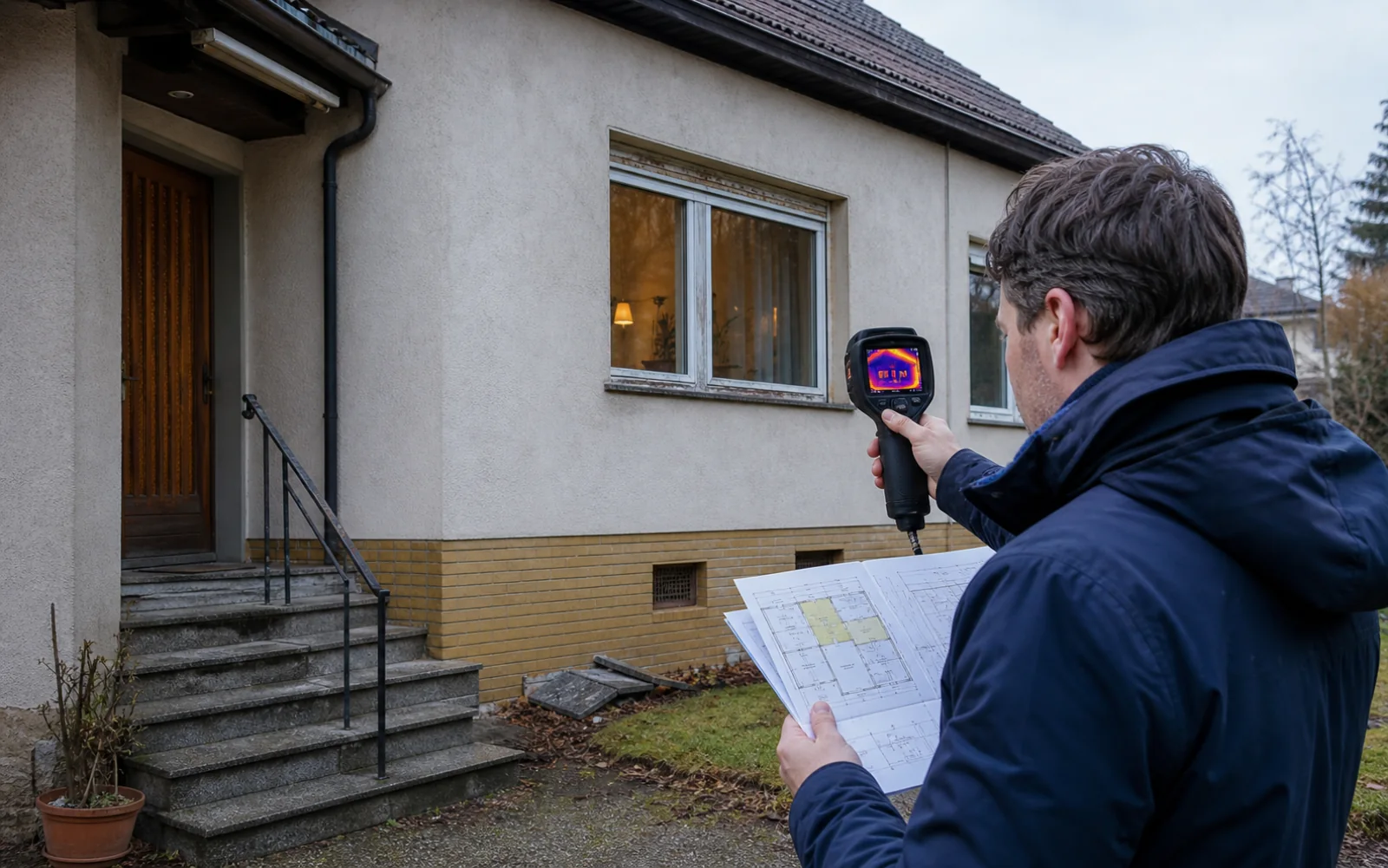 Illustrative Darstellung einer Energieberatung an einem Gebäudemodell; kein Kundenprojekt.