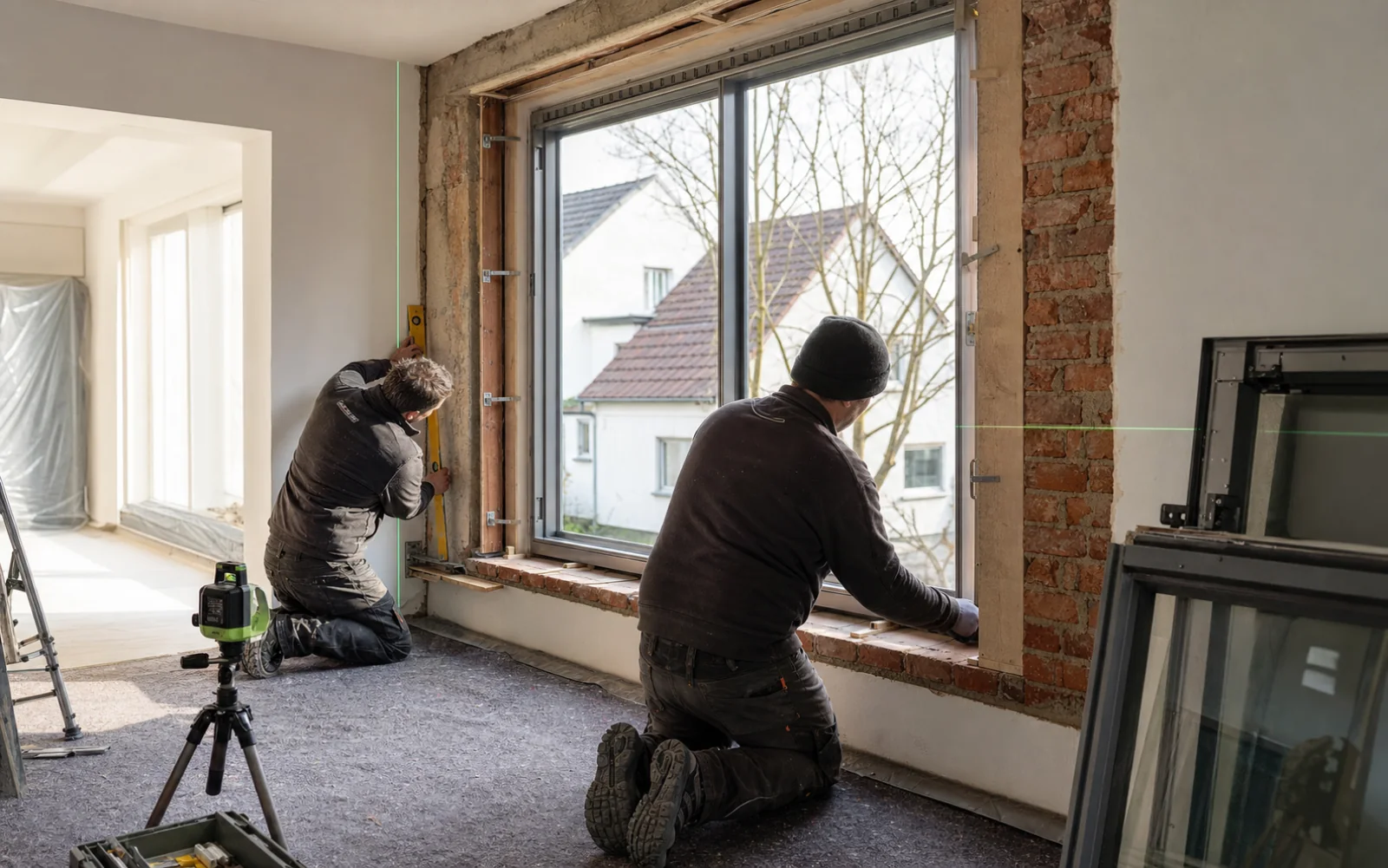 Illustrative Darstellung eines Fensterfachbetriebs bei der Montage; kein Kundenprojekt.