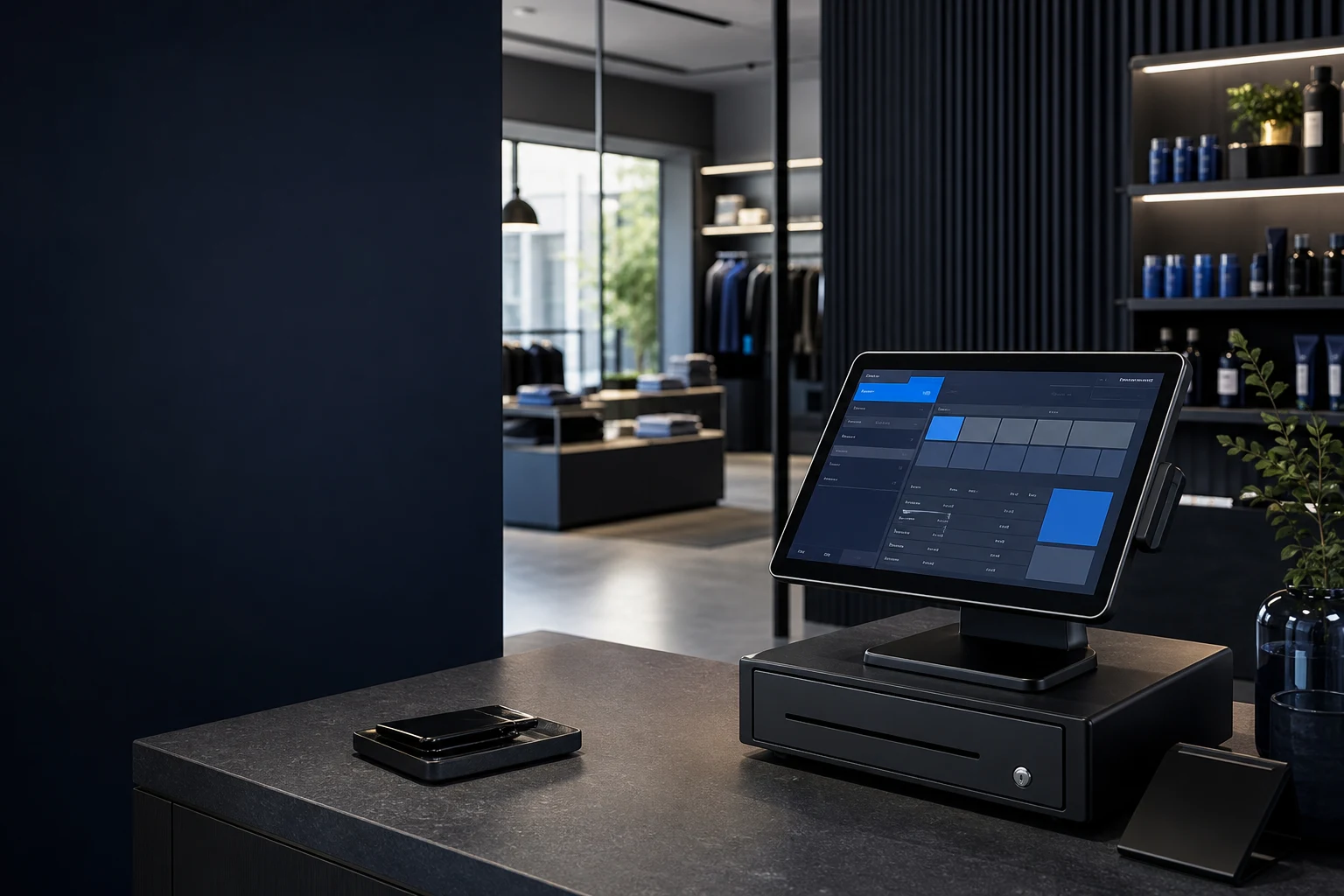 KI-generierte illustrative Produktszene für Cloud-POS-Anbieter; kein reales Kundenprojekt.