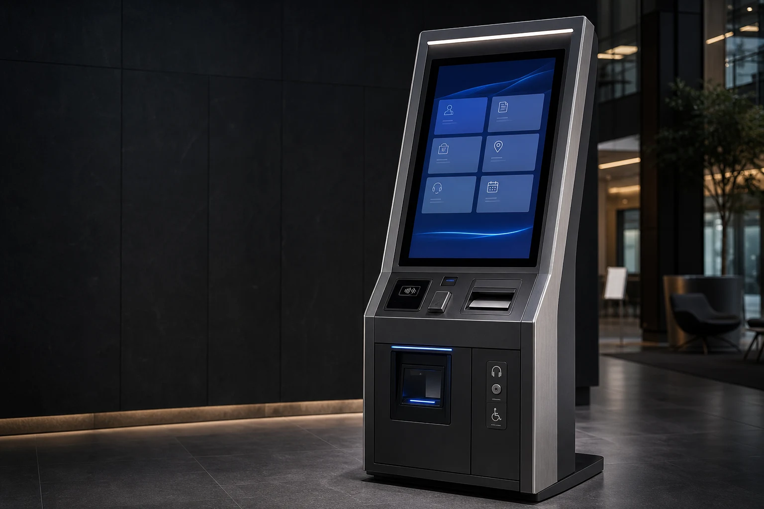 KI-generierte illustrative Produktszene für Anbieter interaktiver Kiosksysteme; kein reales Kundenprojekt.