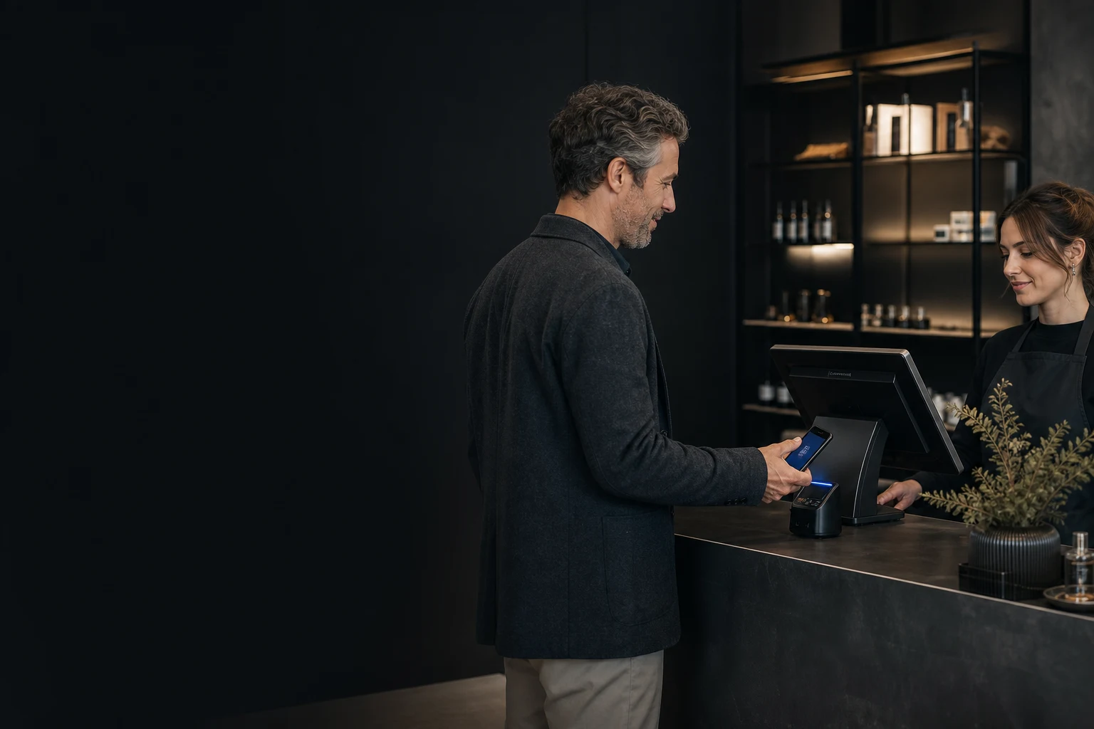 KI-generierte illustrative Produktszene für Anbieter von POS-Loyalty-Systemen; kein reales Kundenprojekt.