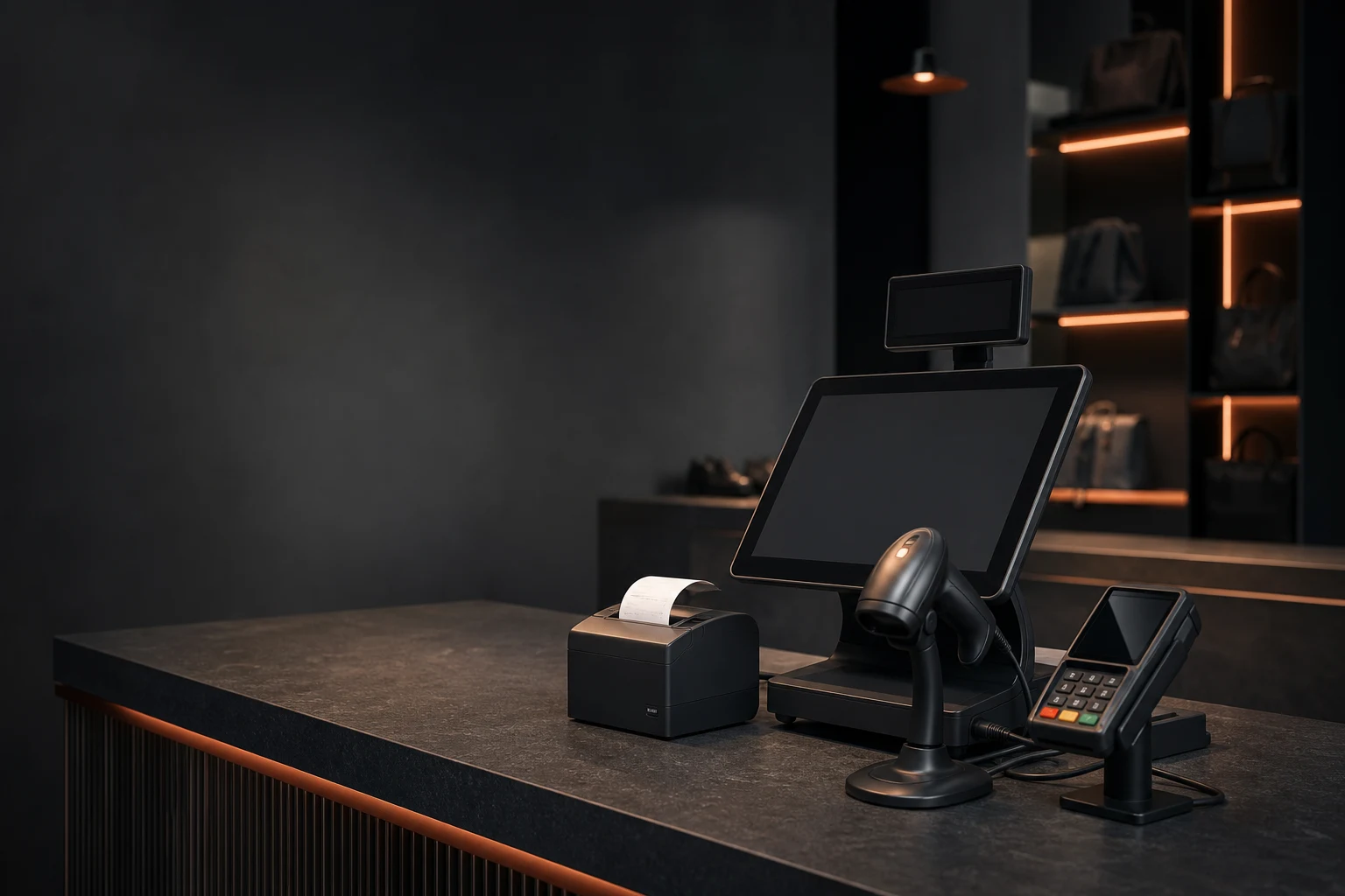 KI-generierte illustrative Produktszene für Anbieter von Retail-POS-Systemen; kein reales Kundenprojekt.