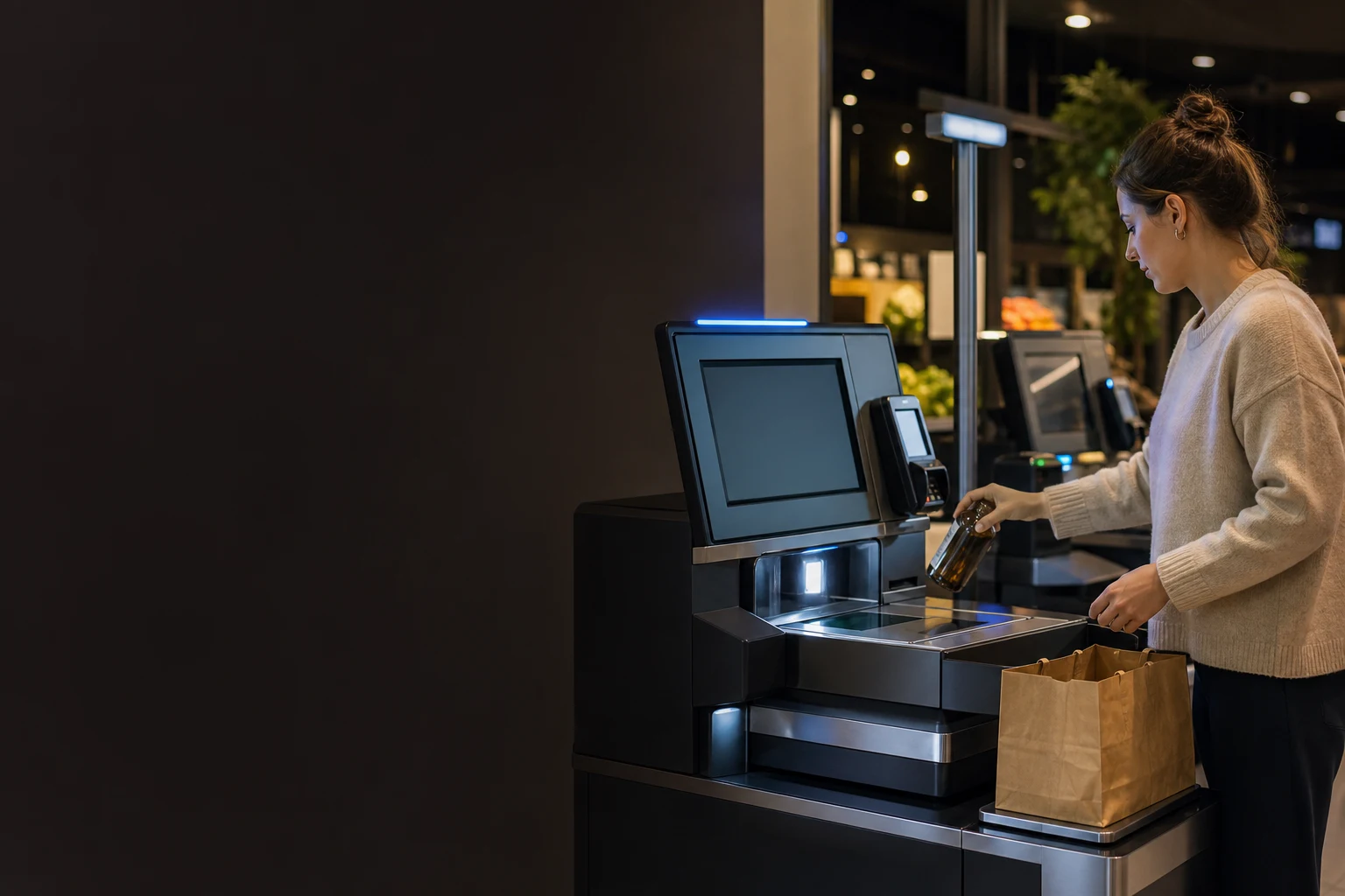 KI-generierte illustrative Produktszene für Self-Checkout-Anbieter; kein reales Kundenprojekt.