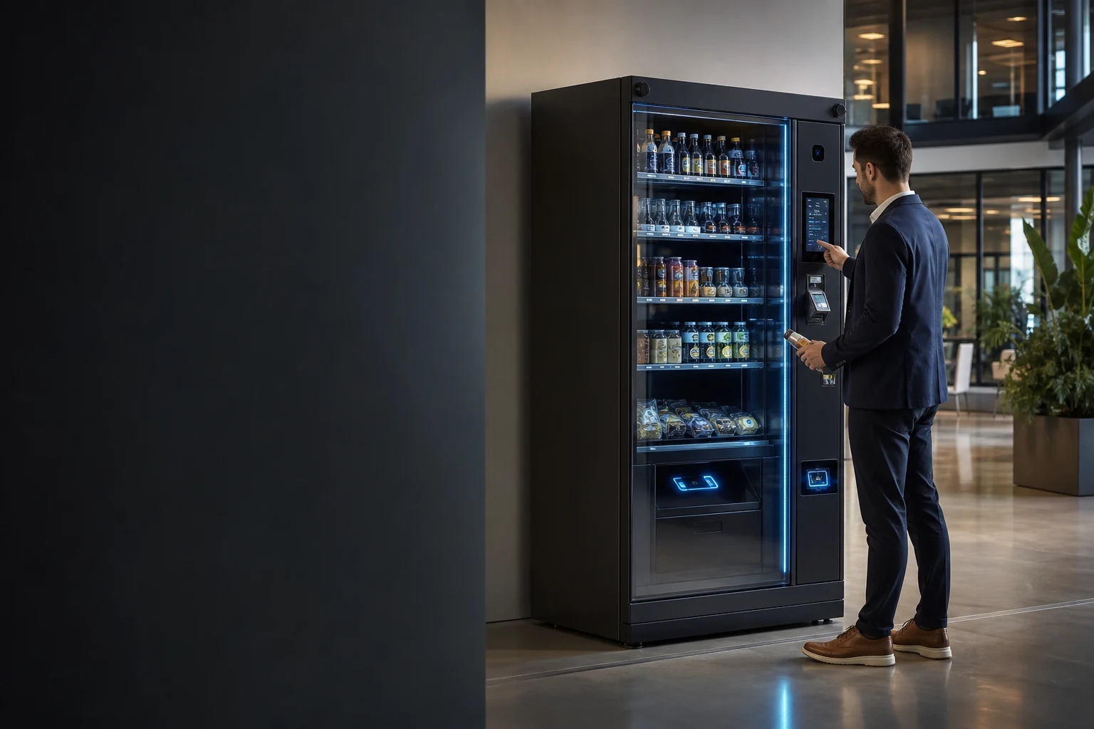 KI-generierte illustrative Produktszene für Vending-Systemanbieter; kein reales Kundenprojekt.