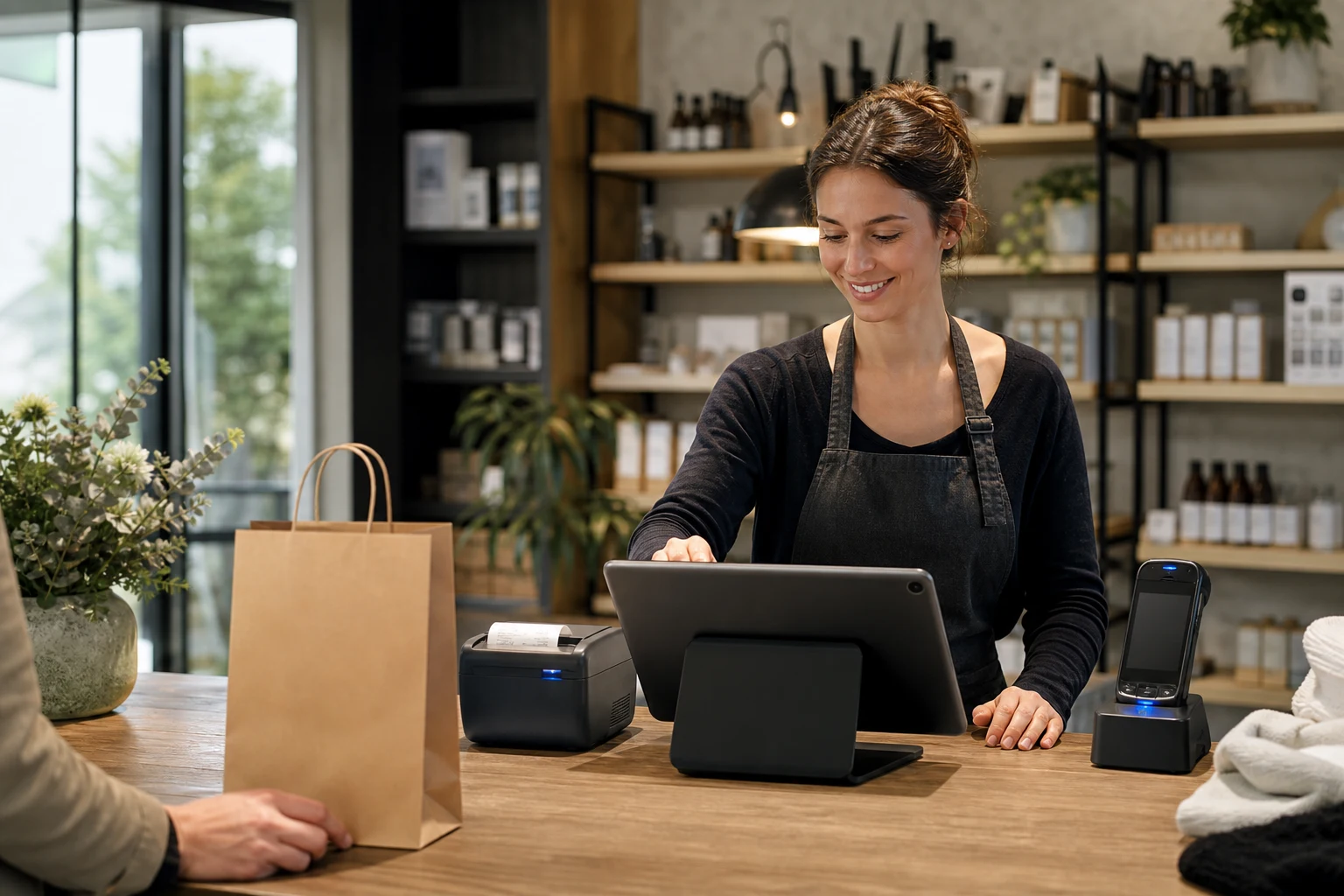 KI-generierte Produktszene von NIMBUS POS für Cloud-Backoffice; fiktives System.