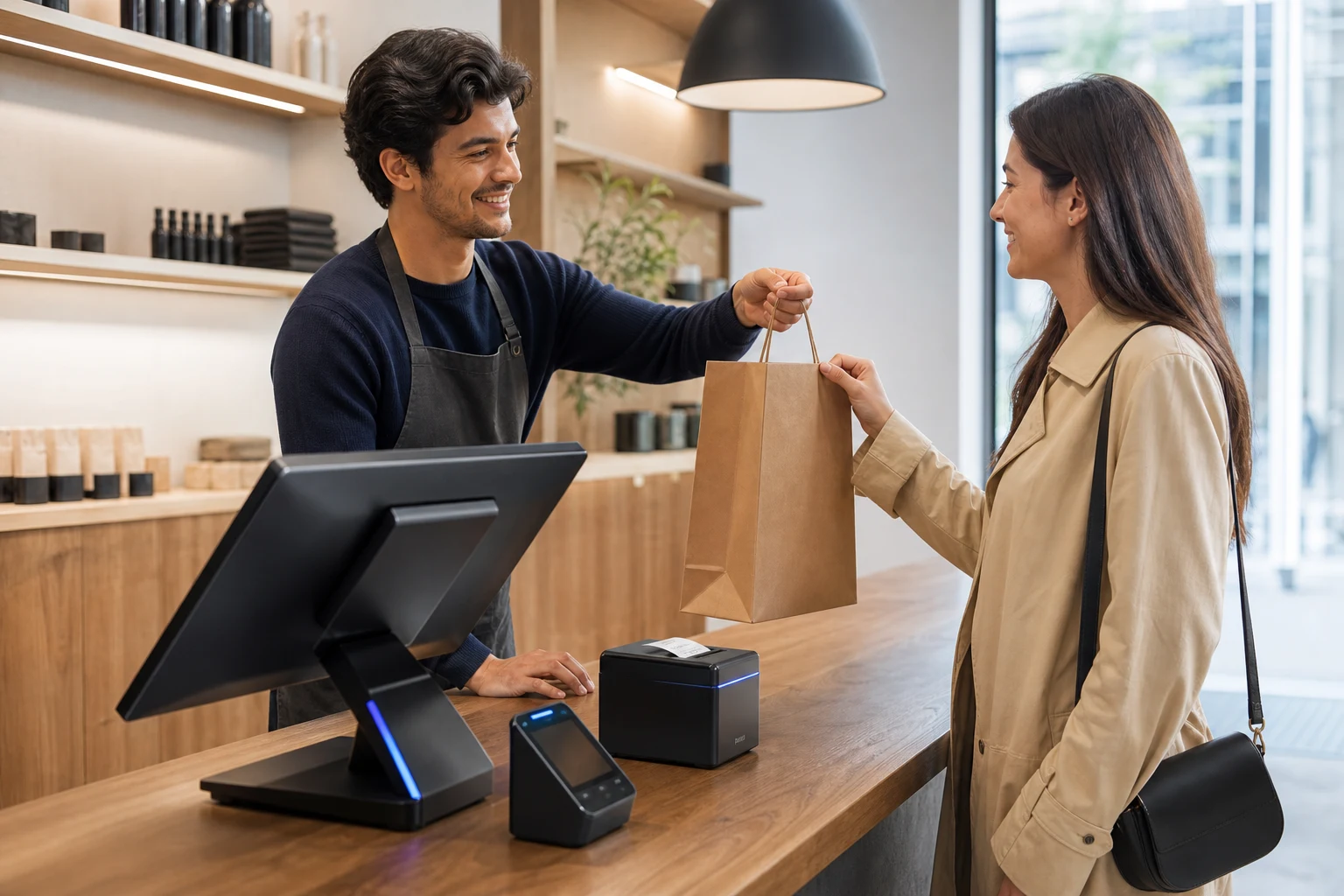KI-generierte Produktszene von TIE-IN PAYMENT für POS-Integration; fiktives System.