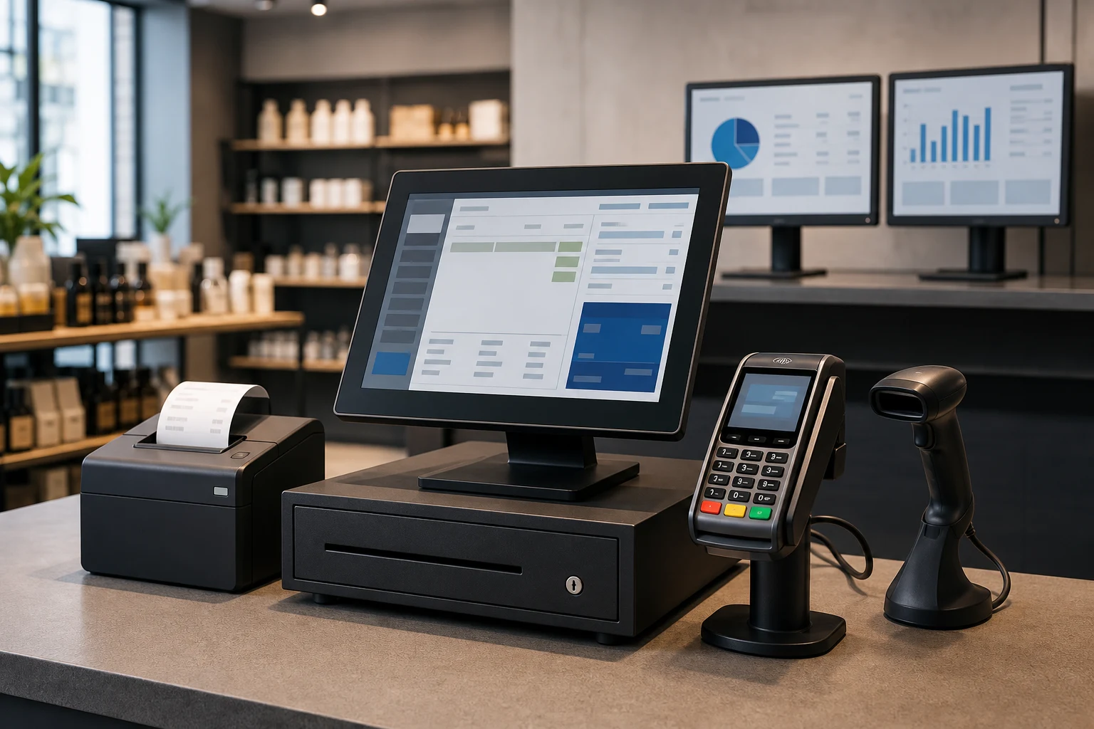 KI-generierte Produktszene von KONTUR POS für Kassensoftware; fiktives System.
