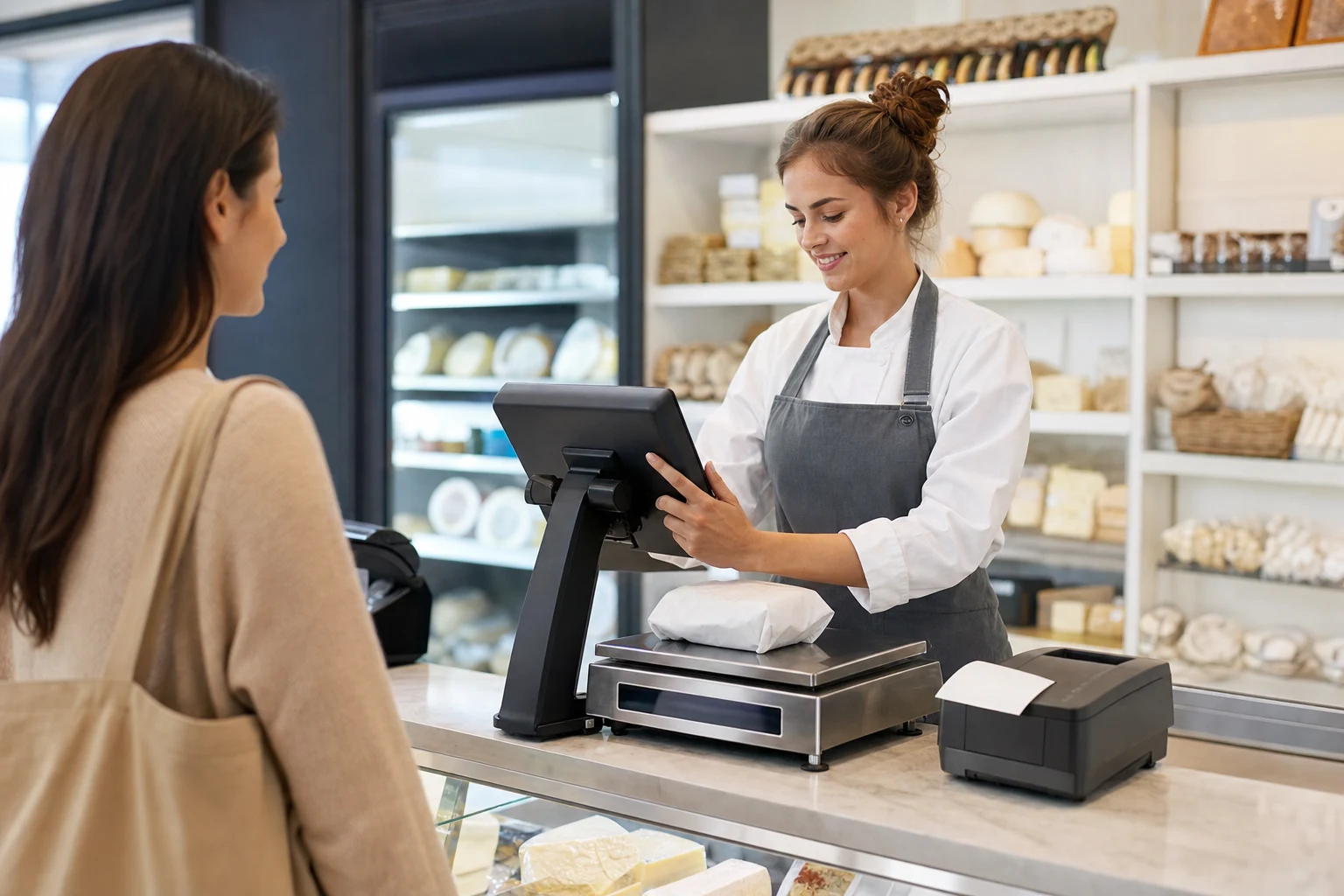 KI-generierte Produktszene von SCHNITTSTELLE POS für Waagenverbund; fiktives System.