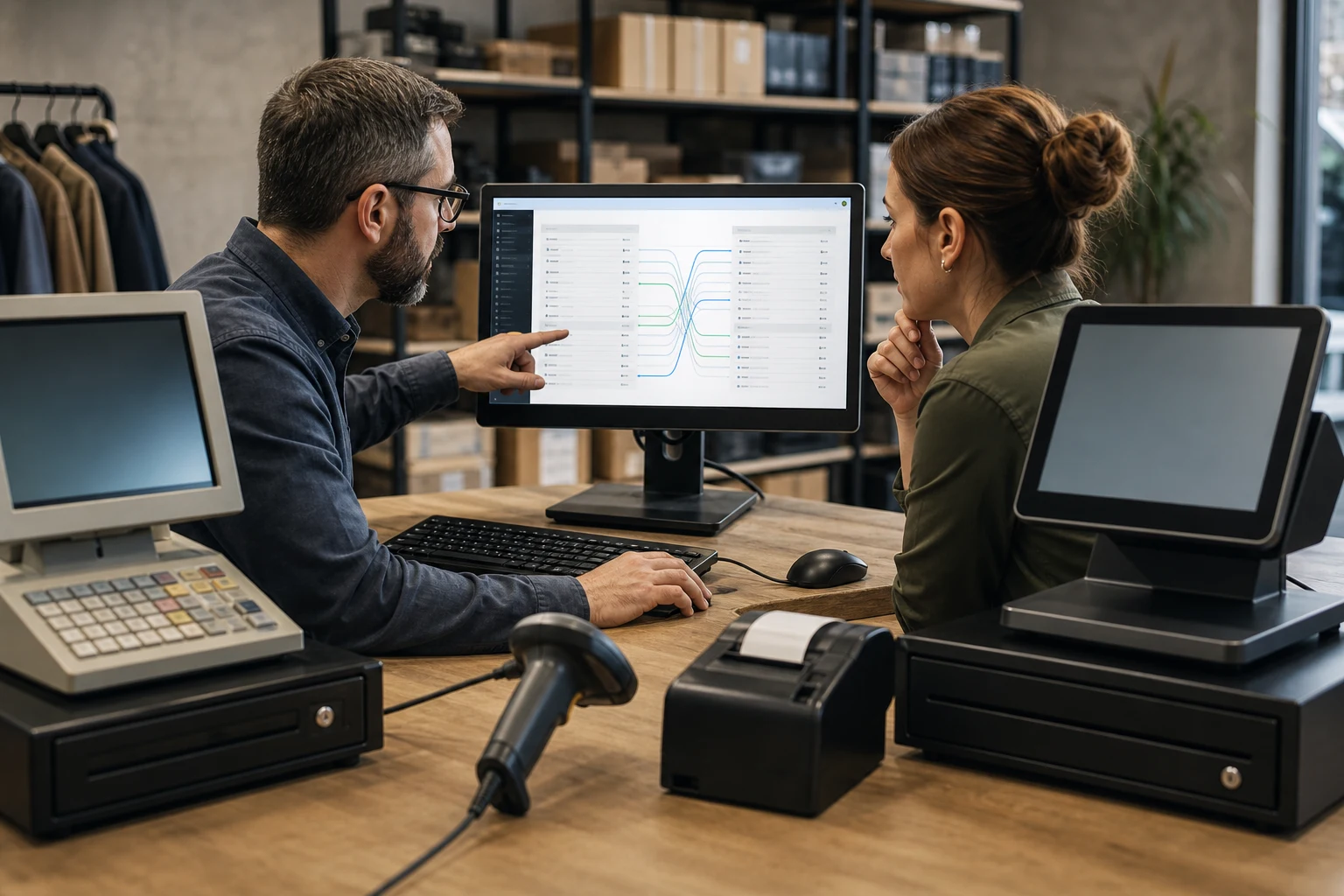 KI-generierte Produktszene von POS TRANSFER für Datenmigration; fiktives System.