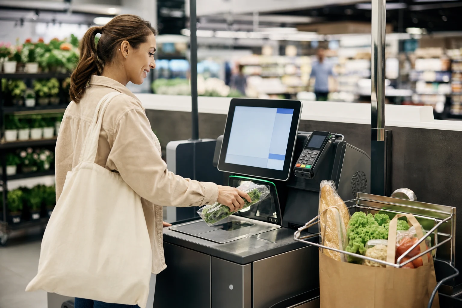KI-generierte Produktszene von SELBSTKASSE für SCO-Terminals; fiktives System.