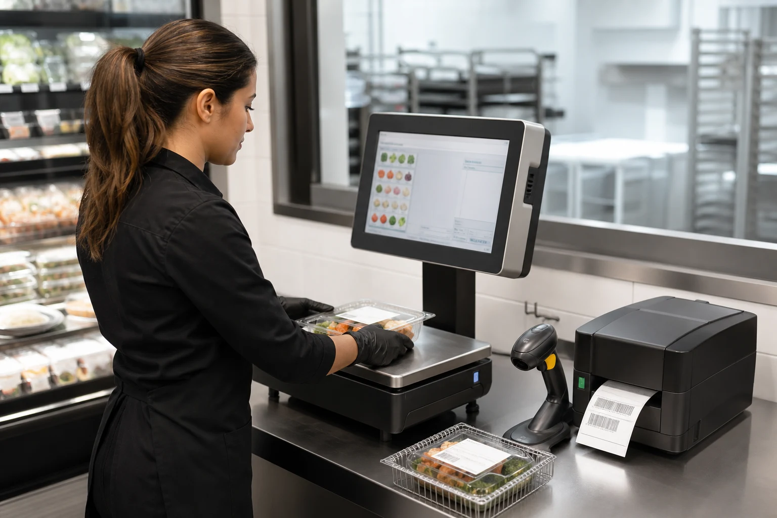 KI-generierte Produktszene von GEWICHT & LABEL für Ladenwaagen; fiktives System.